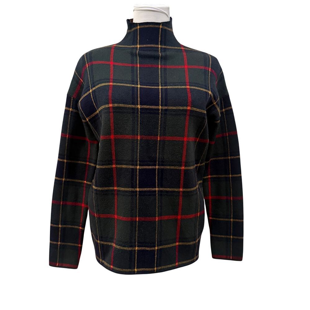 Tahari Plaid Mock Turtleneck Sweater Women XS Red Green Pullover Preppy Academia